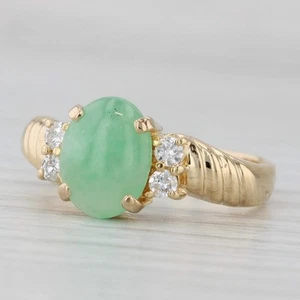 Jadeíta Jade Anillo con Diamante 18k Oro Amarillo Talla 7.25 Ovalado Cabujón - Imagen 1 de 10