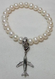 THOMAS SABO PERLEN STRETCH ARMBAND 925 STERLING SILBER FLUGZEUG CHARM #34 - Bild 1 von 7