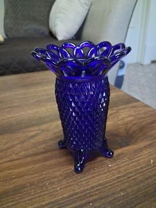 Vintage Imperial Glass  Vase Cobalt Blue Diamond Pattern  Open Laced  Edge - Picture 1 of 6