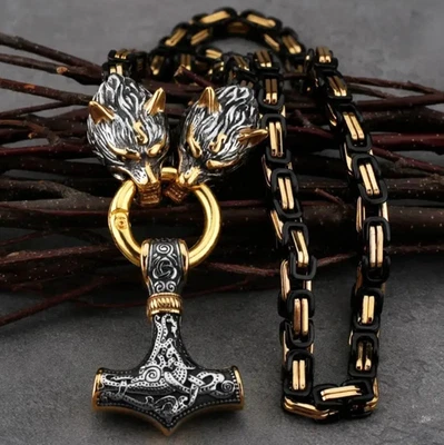 Collar Bizantino 2 Tonos Cabeza de Lobo Doble Patrón Vikingo Runa Nórdica Martillo Foto 1 de 4