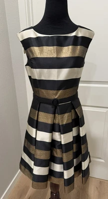 Eliza J Fit & Flare Striped Metallic Cocktail Party Dress Pleated Skirt 2P Belt - Image 1 of 4