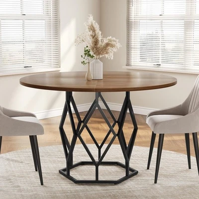 Round Dining Table, Modern Diner Table for 4-6 ,Kitchen Wood Table w/Metal Base Foto 1 de 4