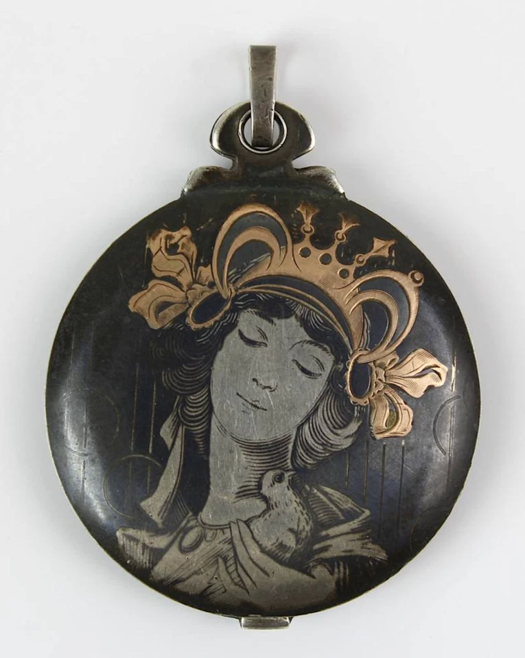 SPIEGELMEDAILLON mit NIELLO- und TAUSCHIERTEM GOLDDEKOR gepunzt 84 Zol ZARENZEIT - Bild 1 von 4