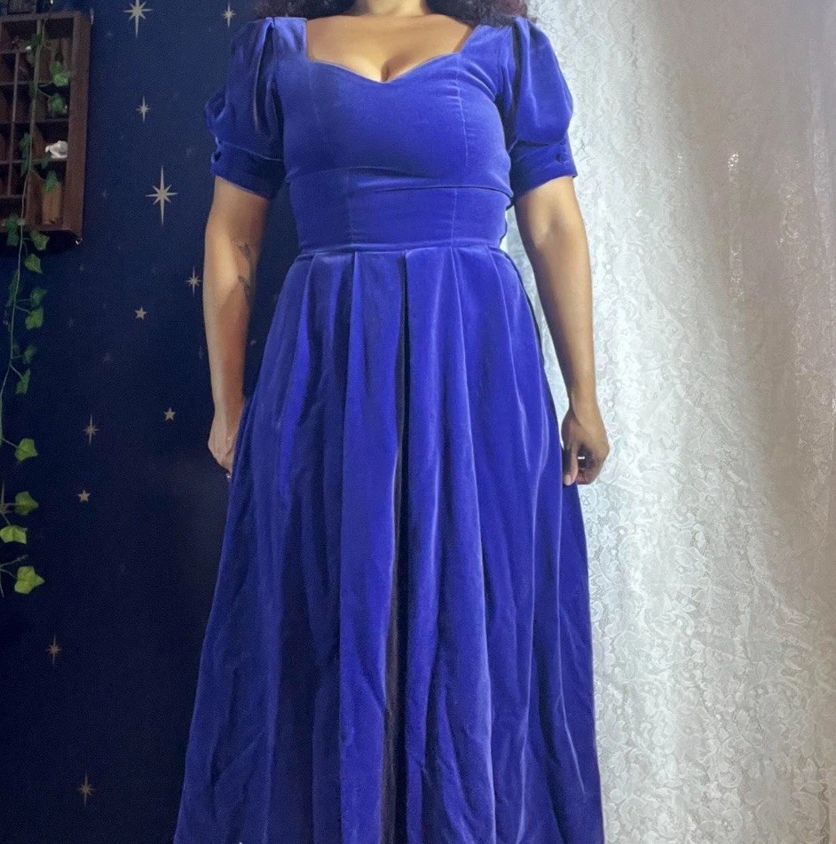 Vestido midi vintage anos 80 Laura Ashley azul roxo veludo ocasião especial 10 - Imagem 1 de 4