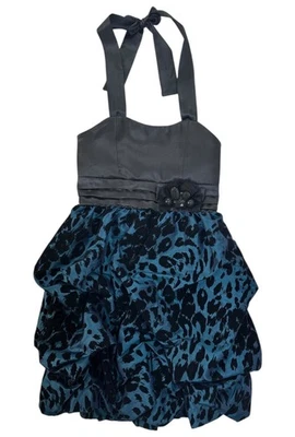 Xtraordinary Girls 7 Formal Party Dress Blue Black Animal Print Bow Holiday Danc - Image 1 of 4