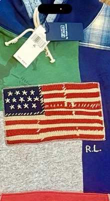 🥇$288 Para hombres Polo Ralph Lauren Etiqueta Azul Country Patchwork Bandera de EE. UU. Sudadera con Capucha | XL Foto 1 de 4