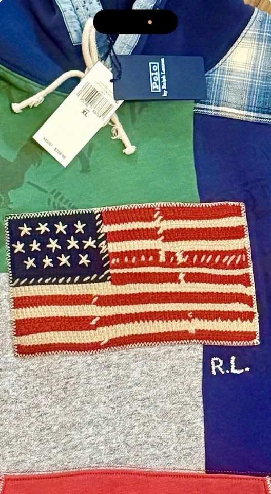 Ralph Lauren Polo Country Patchwork Flag Hoodie vtg usa sportsman bear Large