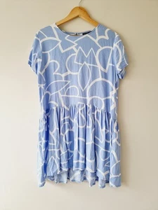 MISTER ZIMI Blue & White Short Sleeve Linen Blend Shift Tunic Dress SIZE 12 - Picture 1 of 6