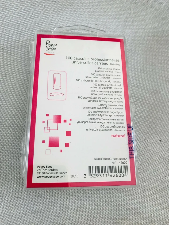 PEGGY SAGE 100 CAPSULES PROFESSIONNELLES UNIVERSELLES CARREES NATURAL 10 TAILLES