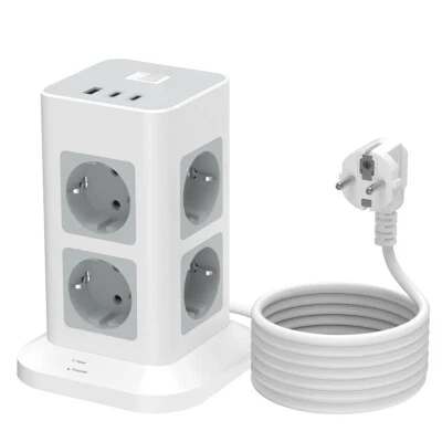 TESSAN 8 Fach Mehrfachsteckdose Tower 3 USB Überspannungsschutz 2M für Zuhause Grau