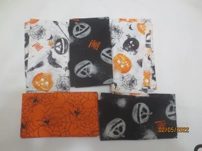 5 Halloween FQ Fat Quarters Black & Orange Boo Pumpkins  Spiders Jack o Lanterns - Image 1 of 2