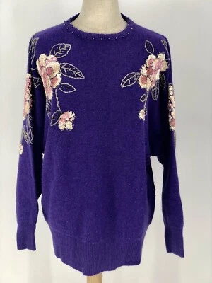 Suéter largo de lana de cachemir vintage de los años 80 para mujer XL con cuentas lentejuelas púrpura Foto 1 de 4