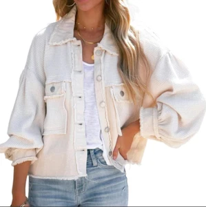 Chouyatou Women's Cropped Waffle Knit Jacket Boyfriend Button Down Shirt Shacket - Picture 1 of 5