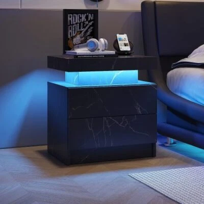 Modern LED Nightstand with Led Lights Bedside table with 2 High Gloss Drawers - Image 1 of 4