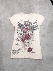 Chemise Ed Hardy Girls Love Forever Medium Tan Roses Crown Hearts équipage ajustée mince