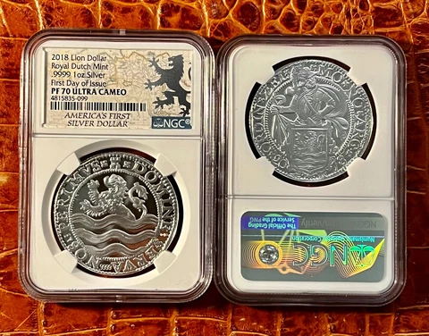2018 Lion Dollar Royal Dutch Mint 1 Oz .9999 Fine Silver NGC Proof 70 UC FDI Cover
