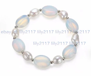 Natural 9-10mm White Baroque Pearl Opal Oval Gemstone Elastic Bracelet 7.5'' AA - Picture 1 of 5