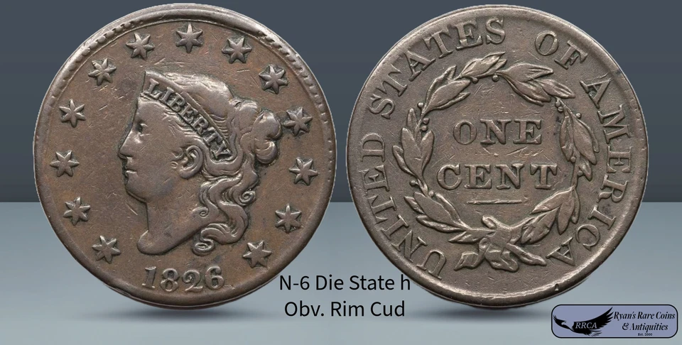 1826 N-6, Obv Rim Cud, Die State h, Matron Head Large Cent, Very Fine, C8162 - Image 1 of 1