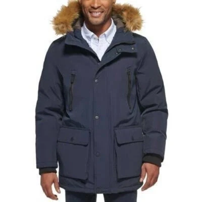 Parka para hombre Club Room de $250 con capucha de piel sintética, azul marino, XL Foto 1 de 3
