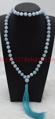 Collar Mala Natural 6/8/10mm Azul Aguamarina Redondo Piedras Preciosas 108 Oración Cuentas Foto 1 de 4