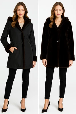 Neiman Marcus Coat Womens S Black Brown Faux Fur Reversible Oversized Timeless - Image 1 of 4