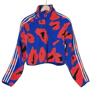 Adidas Essentials 3-Stripes Animal Print 1/4 Zip Cropped Fleece Top Blue Orange - Picture 1 of 12