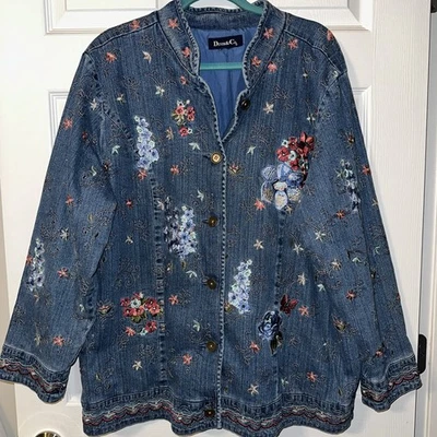 Abrigo Chaqueta Denim & Co 1XL Azul Completamente Bordado 100% Algodón Boho Floral Foto 1 de 4
