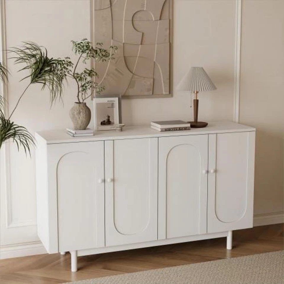 Stylish 4-Door Intaglio Storage Cabinet with Pine Legs, Solid Wood Pulls and MDF - Image 1 of 4