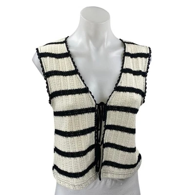 MNG Mango Women's Cream Black Striped Crochet Knit Sleeveless Crop Tank Top Sz S - Image 1 of 4