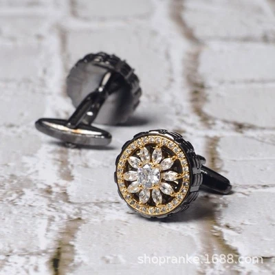 Abotoaduras pretas redondas luxo cristais brilhantes design qualidade latão abotoaduras - Imagem 1 de 4