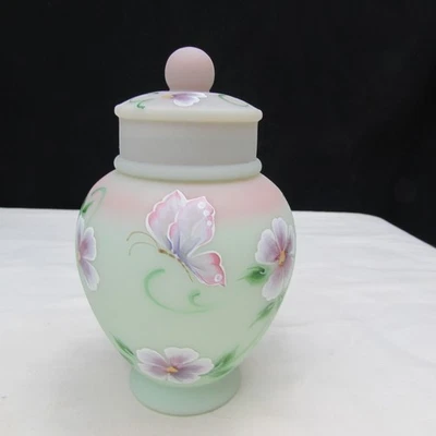 Fenton Lotus Mist Burmese Hand Painted Temple Jar Special Order LE 2005 W1183 - Image 1 of 4