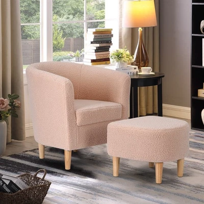 Sofá individual tapizado de tela de lana con brazo acento con sala de estar otomana  Foto 1 de 4