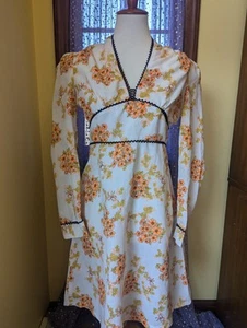 Vintage 70's Hippie Prairie Orange Yellow Flower Power Babydoll Mini Dress S/M - Picture 1 of 18