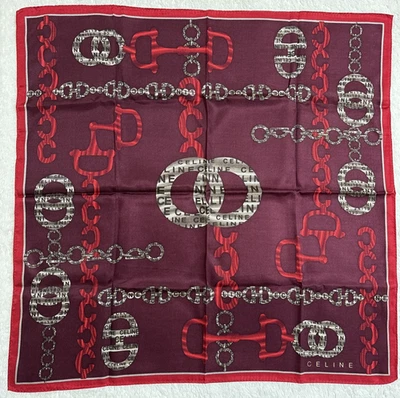 CELINE Silk Cotton Scarf 22in Wine Red Chain Bit Equestrian Motif Classic - Image 1 of 4