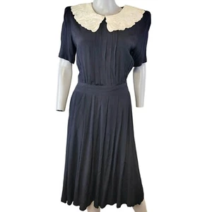 Vintage 80er Midikleid Damen 8 schwarz creme Spitzenkragen formell Knopf Herbst Arbeit - Bild 1 von 14