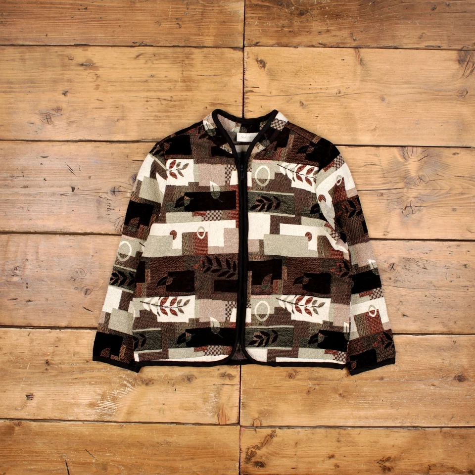 Chaqueta tapiz vintage Studio Works M retazos geométricos marrón para mujer Foto 1 de 4