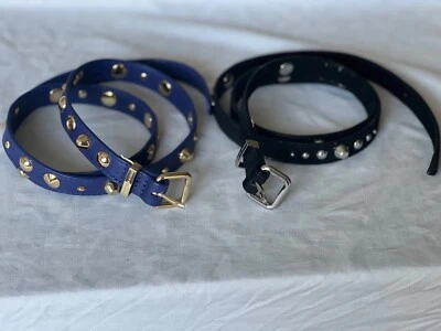  Cinturón de cuero para mujer Juicy Couture con tachuelas de corona ajustado azul y negro L  Foto 1 de 4