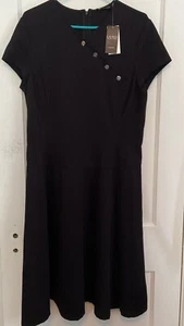Lauren Ralph Lauren Womens Black Midi Fit & Flare Dress 14 Cap Sleeve Buttons - Picture 1 of 9