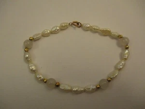 Vintage 14K Gold Pearl Rose Quartz Bead Bracelet 7" - Picture 1 of 5