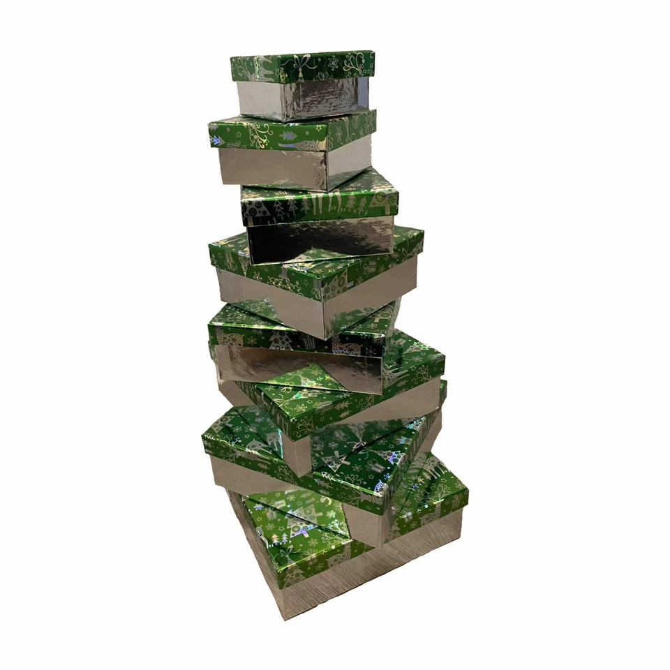 8 Stück Set Geschenkbox Weihnachts Motive Grün Silber Weihnachten Schachteln - Bild 1 von 1