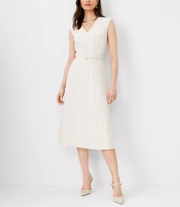 Ann Taylor $169 The Belted V-Neck Midi Dress in Fluid Crepe in Ivory Whisper 6 - Picture 1 of 7