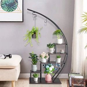 5-Layer Semicircle Plant Stand, Iron & Wood, Black, for Garden, Balcony & Patio - Picture 1 of 9