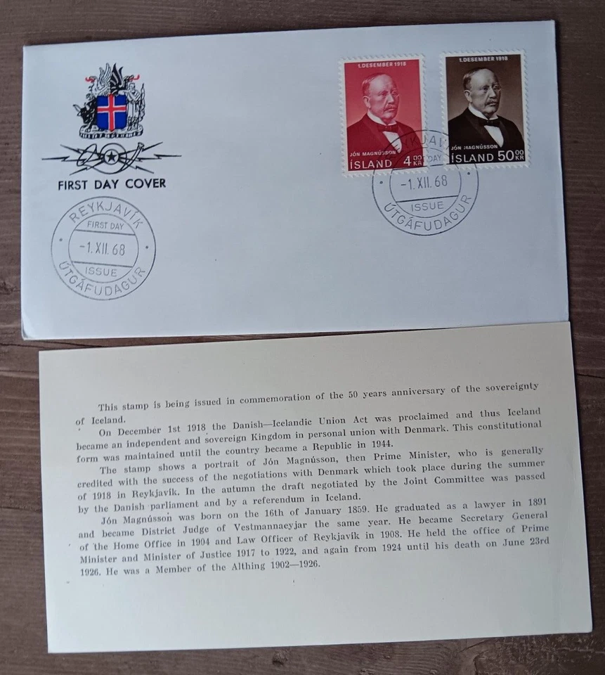 ICELAND  1968 FDC 50th Anniversary of  Independence SET FDC+INFO CARD VF UNADDR - Image 1 of 1
