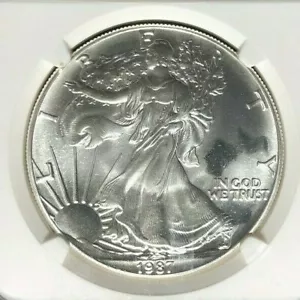 1987 AMERICAN SILVER EAGLE ~ NGC MINT ERROR MS 69 OBVERSE STRUCK THRU - Picture 1 of 4