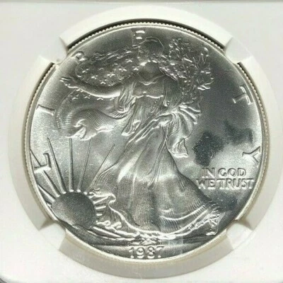 1987 AMERICAN SILVER EAGLE ~ NGC MINT ERROR MS 69 OBVERSE STRUCK THRU - Image 1 of 4