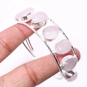 Rose Quartz Gemstone 925 Silver Handmade Jewelry Bracelet Cuff Adj. - Picture 1 of 3