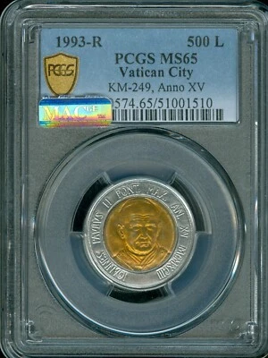 1993 R VATICAN CITY 500 LIRE POPE JOHN PAUL II ANO XV PCGS MS65 MAC FINEST . - Image 1 of 2