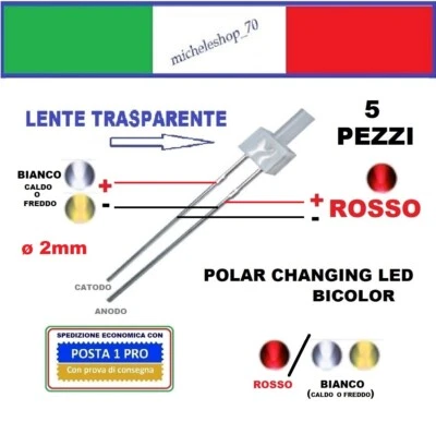 5X diodo led bicolore rosso/bianco 2pin polar changing ø 2mm lente trasparente - Immagine 1 di 2