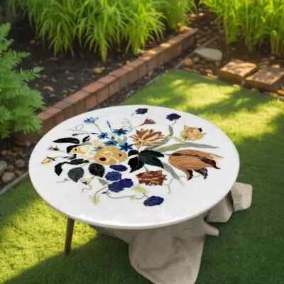 White Marble Coffee Table with Semi-Precious Inlay Stone Pietra Dura Floral Art - Image 1 of 4