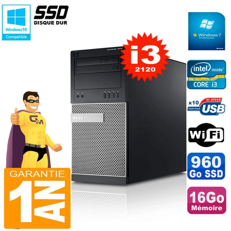 PC tour DELL 7010 Core I3-2120 RAM 16Go Disco 960 Go SSD Wifi W7 - Imagen 1 de 1
